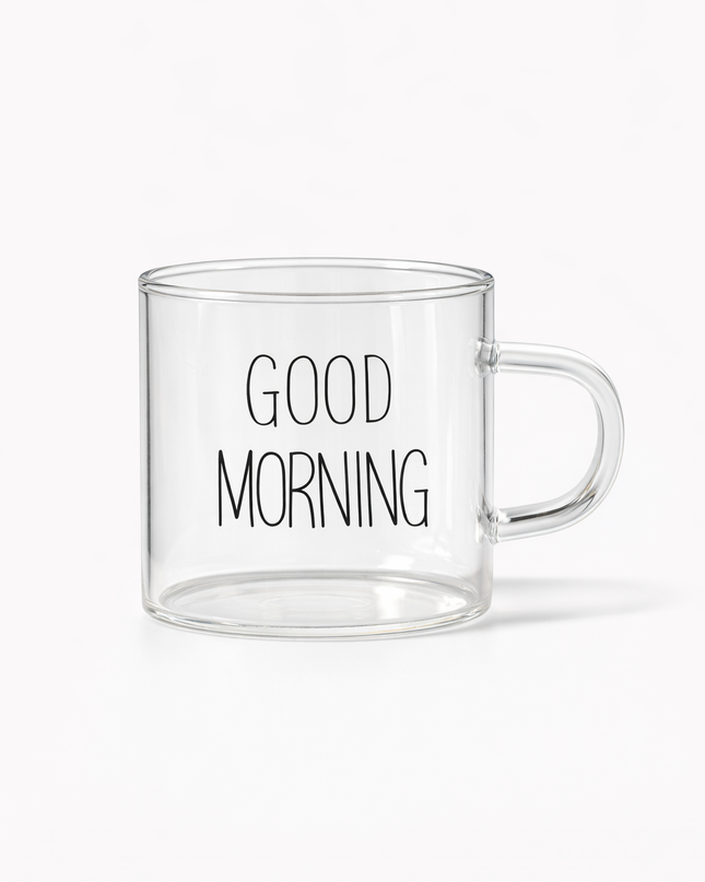 “Good Morning” Mini Glass Espresso Cup – Clear Coffee Mug
