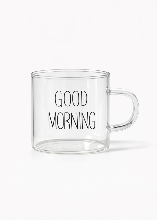 “Good Morning” Mini Glass Espresso Cup – Clear Coffee Mug