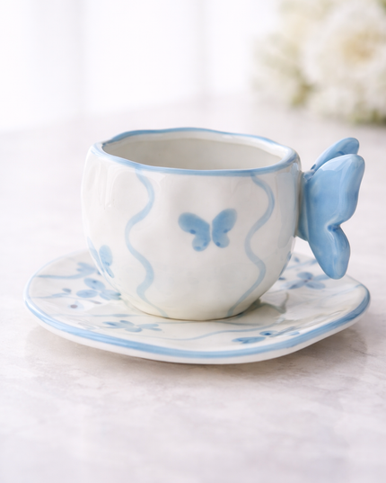 Elegant Butterfly Teacup Set – Pink, Red & Blue Ceramic Cups with Matching Saucers