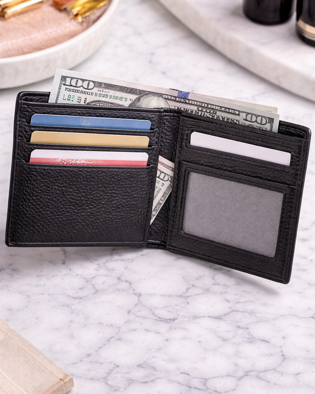 Classic Textured Bifold Wallet – Black