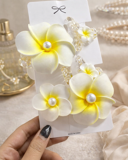 Elegant Pearl Plumeria Flower Hair Clips Set