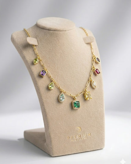 Luxury Multicolor Gem Charm Necklace – Statement Chain