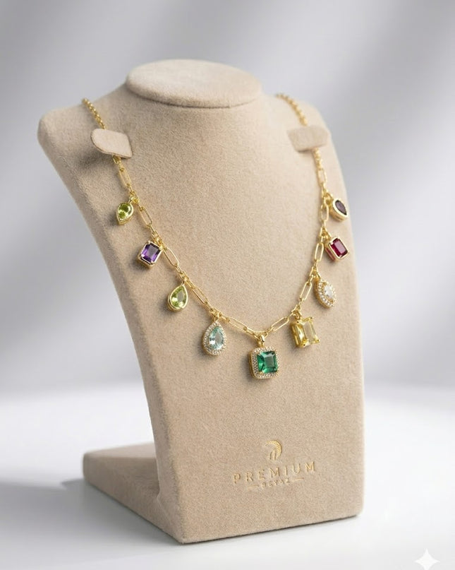 Luxury Multicolor Gem Charm Necklace – Statement Chain