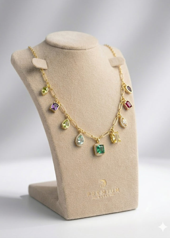 Luxury Multicolor Gem Charm Necklace – Statement Chain