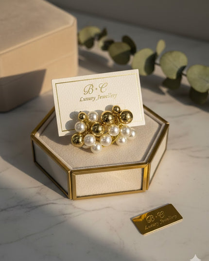 Gold & Pearl Cluster Drop Earrings – Elegant Statement Design
