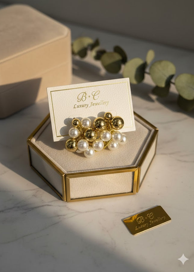 Gold & Pearl Cluster Drop Earrings – Elegant Statement Design