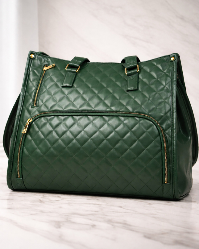 Luxury Quilted Green Handbag with Gold Zippers