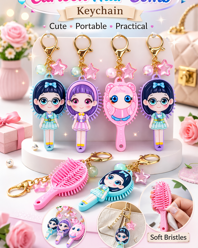 Cute Cartoon Hair Brush Keychain – Mini Travel Comb with Charm