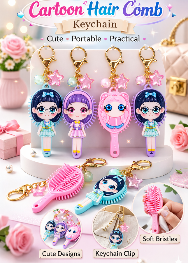 Cute Cartoon Hair Brush Keychain – Mini Travel Comb with Charm
