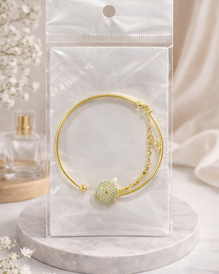 Gold Crystal Disc Open Bangle – Elegant Adjustable Bracelet