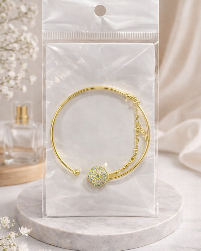 Gold Crystal Disc Open Bangle – Elegant Adjustable Bracelet