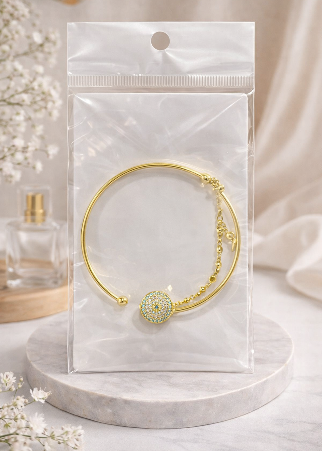 Gold Crystal Disc Open Bangle – Elegant Adjustable Bracelet