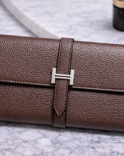 Pebbled Leather Long Wallet with H Strap Closure