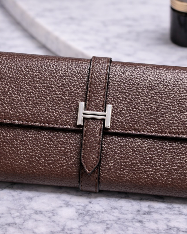 Pebbled Leather Long Wallet with H Strap Closure