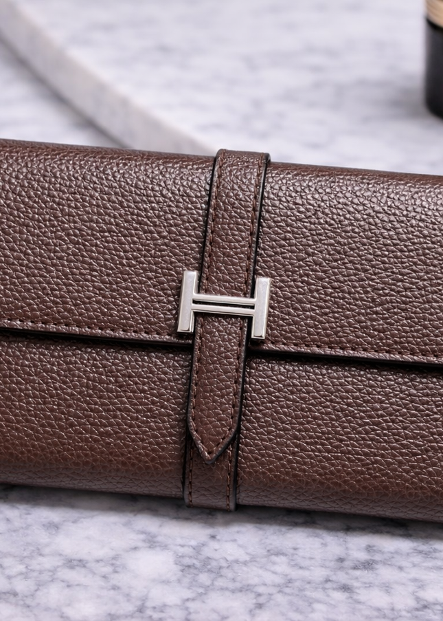Pebbled Leather Long Wallet with H Strap Closure