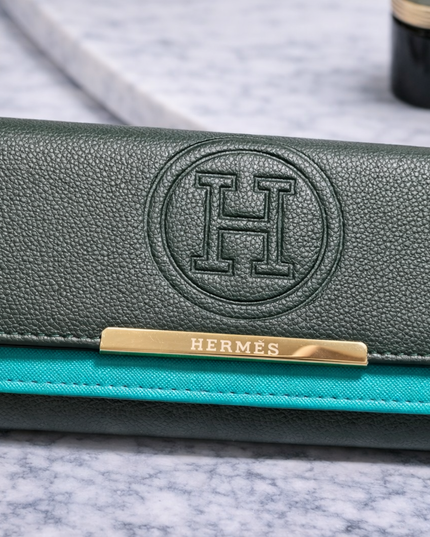 Pebbled Leather Long Wallet with Embossed H Logo