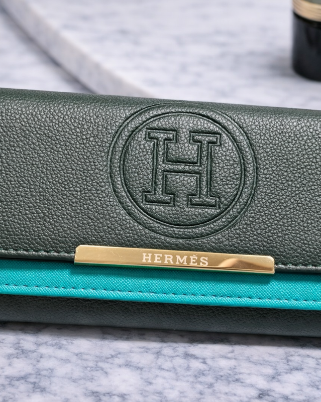 Pebbled Leather Long Wallet with Embossed H Logo