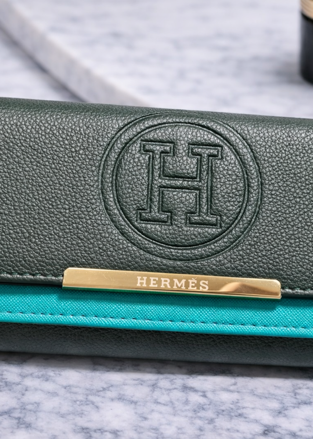 Pebbled Leather Long Wallet with Embossed H Logo