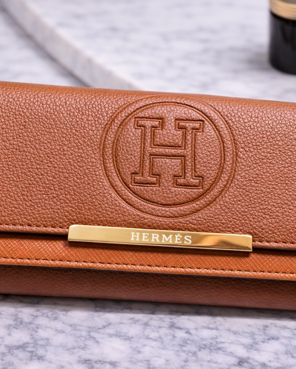 Pebbled Leather Long Wallet with Embossed H Logo
