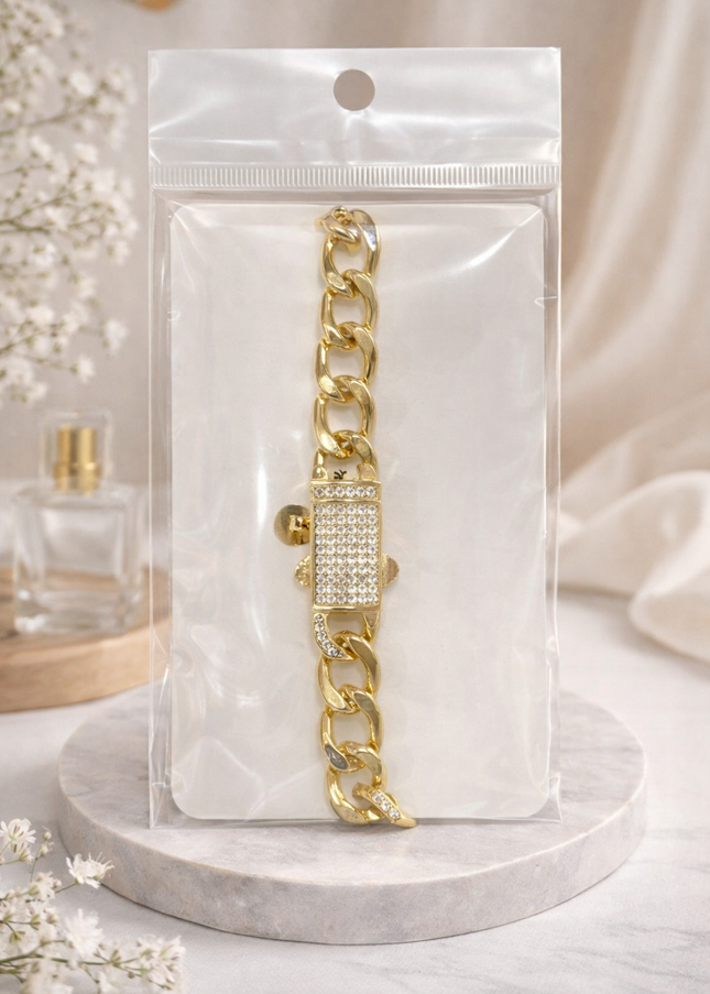 Luxury Gold Cuban Link Bracelet – Crystal Lock Statement Piece