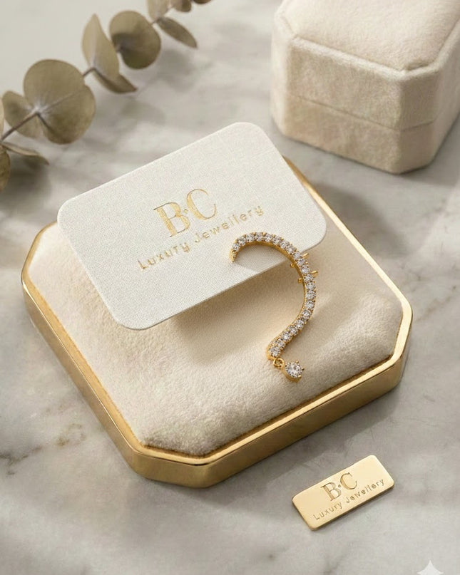 Gold Crystal Ear Cuff with Teardrop Charm – Statement Ear Climber