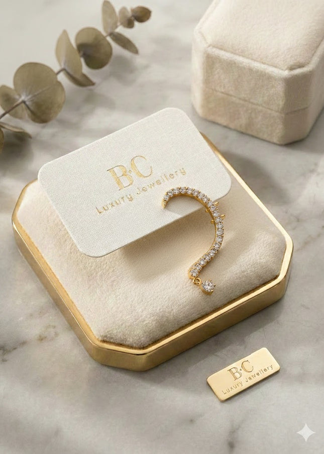 Gold Crystal Ear Cuff with Teardrop Charm – Statement Ear Climber