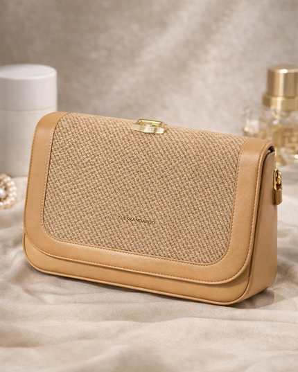 Elegant Textured Clutch Handbag – Grey & Beige