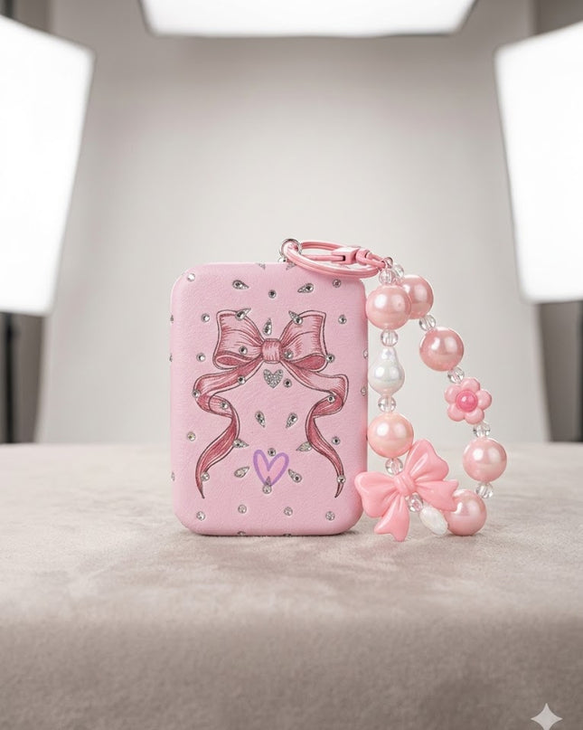 Cute Bow Mini Mirror with Beaded Wrist Strap – Glitter Compact Mirror