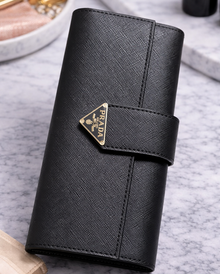 Saffiano Leather Long Wallet with Strap Closure – Black