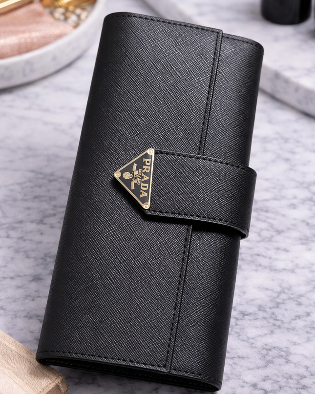 Saffiano Leather Long Wallet with Strap Closure – Black
