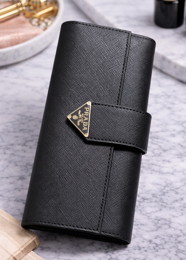 Saffiano Leather Long Wallet with Strap Closure – Black
