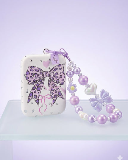 Cute Bow Mini Mirror with Beaded Wrist Strap – Glitter Compact Mirror