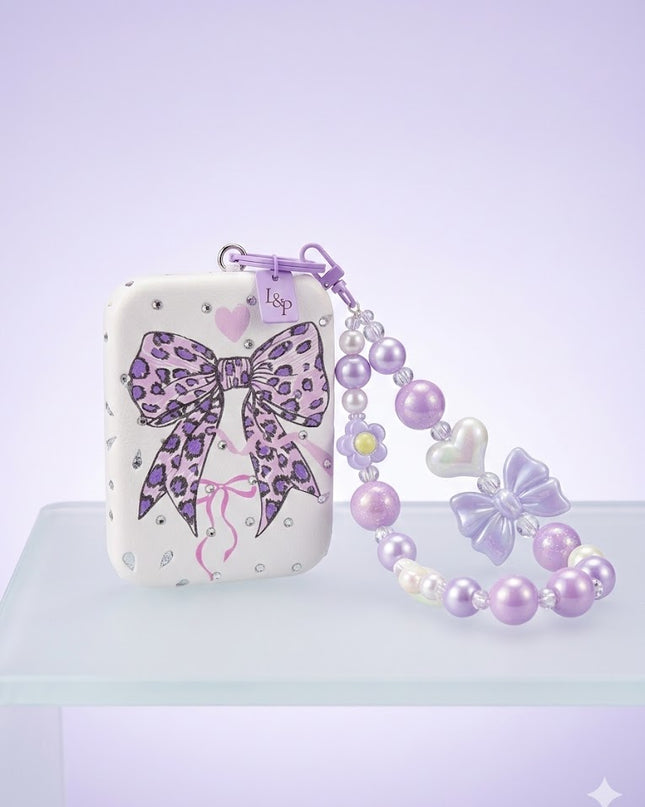 Cute Bow Mini Mirror with Beaded Wrist Strap – Glitter Compact Mirror
