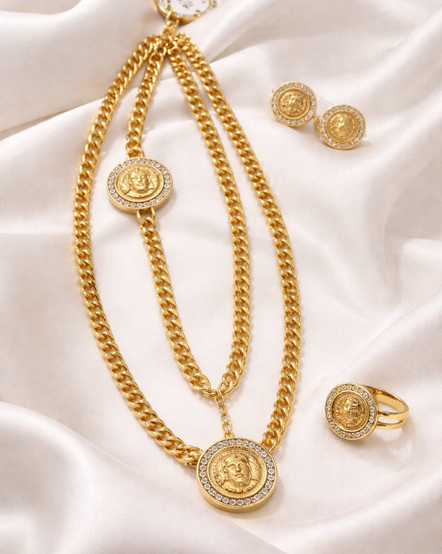 Royal Medallion Gold Jewelry Set – Necklace, Earrings & Ring