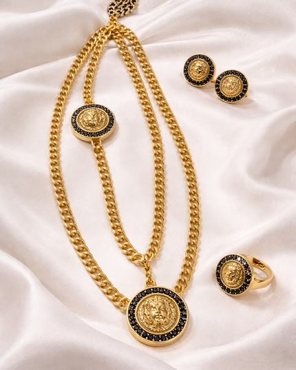 Royal Medallion Gold Jewelry Set – Necklace, Earrings & Ring