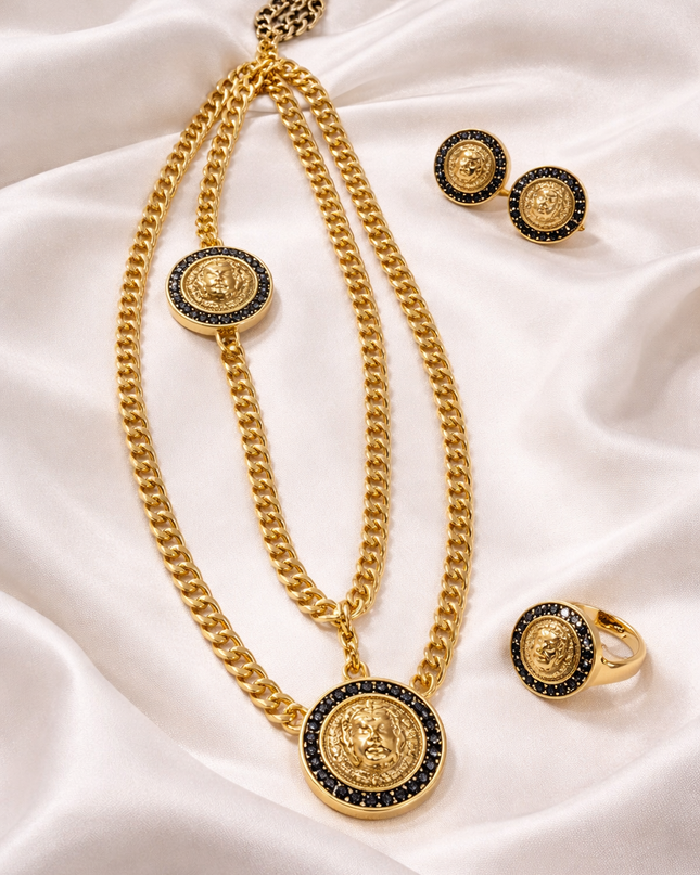 Royal Medallion Gold Jewelry Set – Necklace, Earrings & Ring