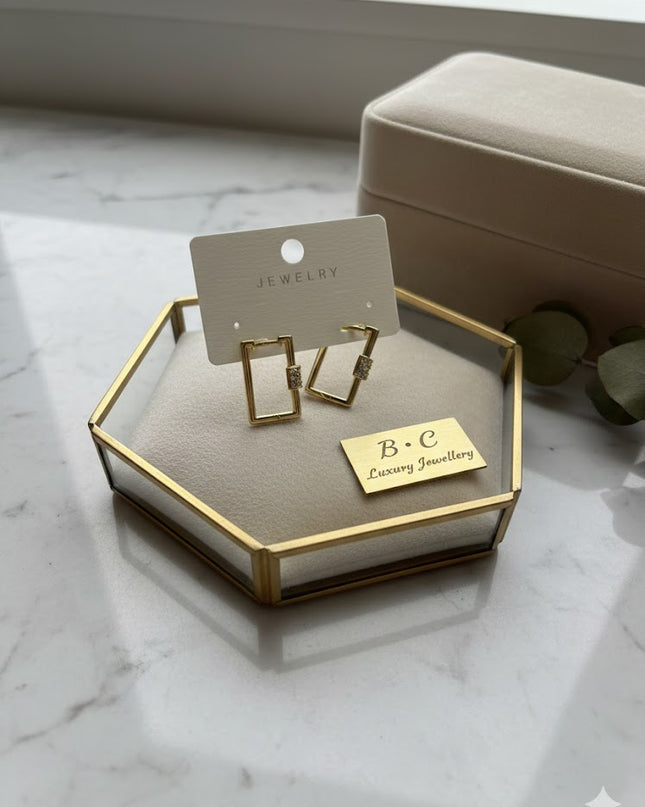 Gold Geometric Square Hoop Earrings with Crystal Accent