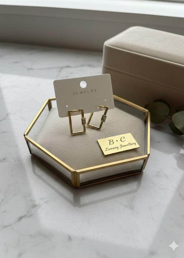 Gold Geometric Square Hoop Earrings with Crystal Accent
