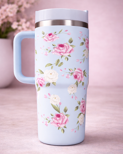 Elegant Floral Travel Mug – Pastel Blue Rose Design Insulated Cup 🌸
