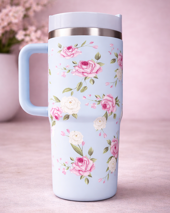 Elegant Floral Travel Mug – Pastel Blue Rose Design Insulated Cup 🌸