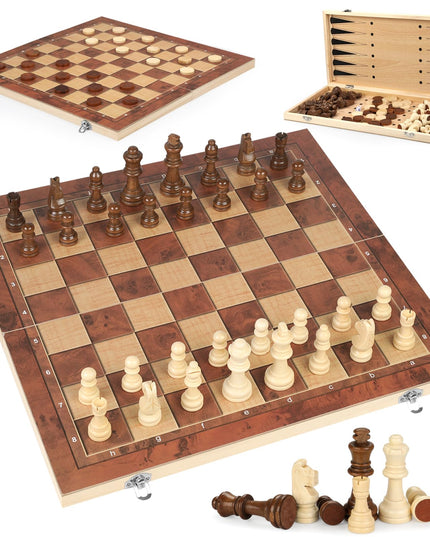 Classic Wooden 3-in-1 Chess, Checkers & Backgammon Set