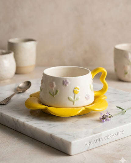 Floral Ceramic Coffee Cup & Saucer – Cute Flower Design Mug
