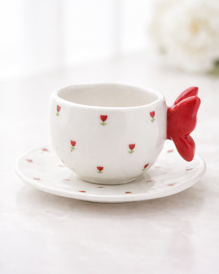Elegant Butterfly Teacup Set – Pink, Red & Blue Ceramic Cups with Matching Saucers