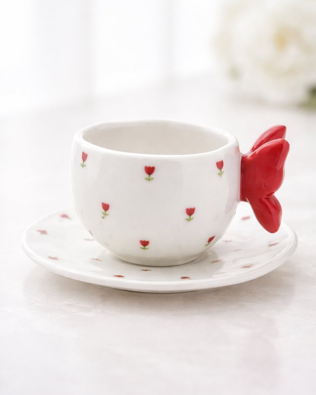 Elegant Butterfly Teacup Set – Pink, Red & Blue Ceramic Cups with Matching Saucers