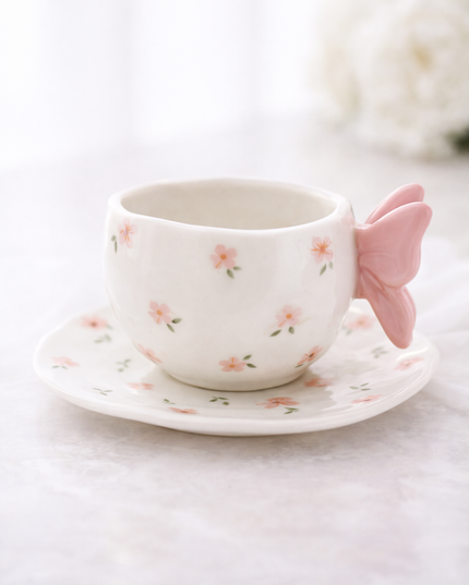 Elegant Butterfly Teacup Set – Pink, Red & Blue Ceramic Cups with Matching Saucers