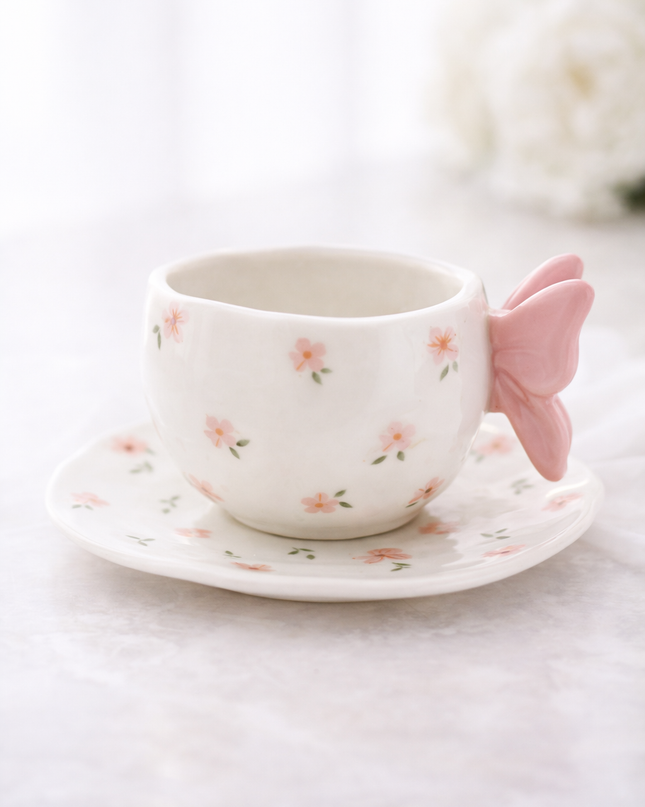 Elegant Butterfly Teacup Set – Pink, Red & Blue Ceramic Cups with Matching Saucers