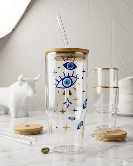 Stylish Glass Tumbler with Bamboo Lid & Straw – Floral, Cherry & Evil Eye Designs