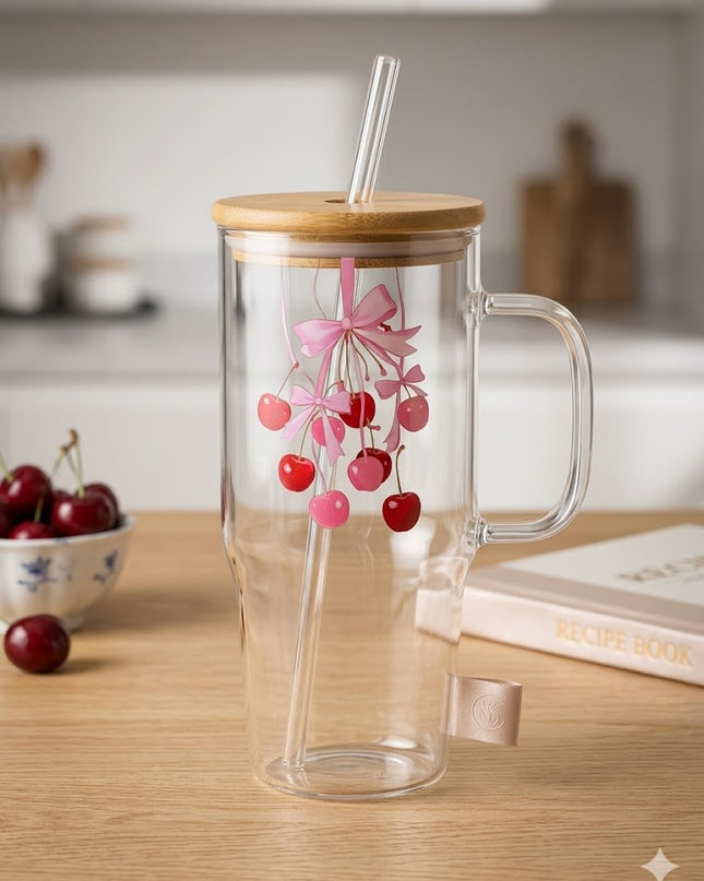 Stylish Glass Tumbler with Bamboo Lid & Straw – Floral, Cherry & Evil Eye Designs