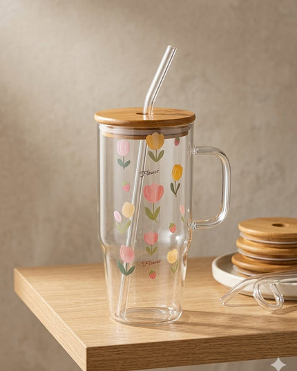 Stylish Glass Tumbler with Bamboo Lid & Straw – Floral, Cherry & Evil Eye Designs