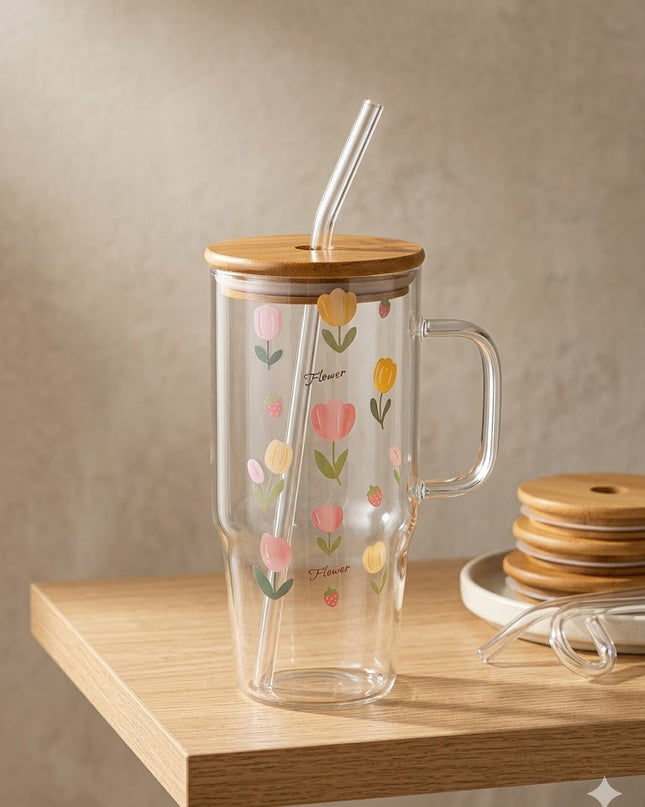Stylish Glass Tumbler with Bamboo Lid & Straw – Floral, Cherry & Evil Eye Designs